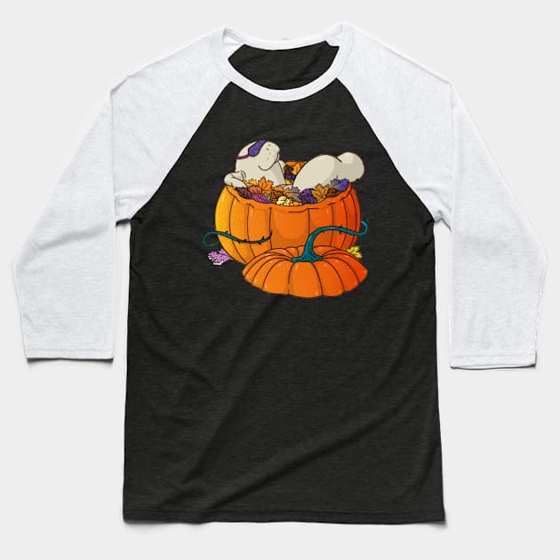 Autumn manatee - manatee with sleep mask bathing in pumpkin full of leaves, surrounded by mushrooms Baseball T-Shirt by tostoini